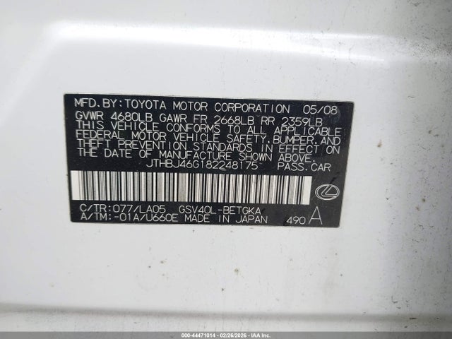 Продажа на аукционе авто 2008 Lexus Es 350, vin: JTHBJ46G182248175, номер лота: 44471014