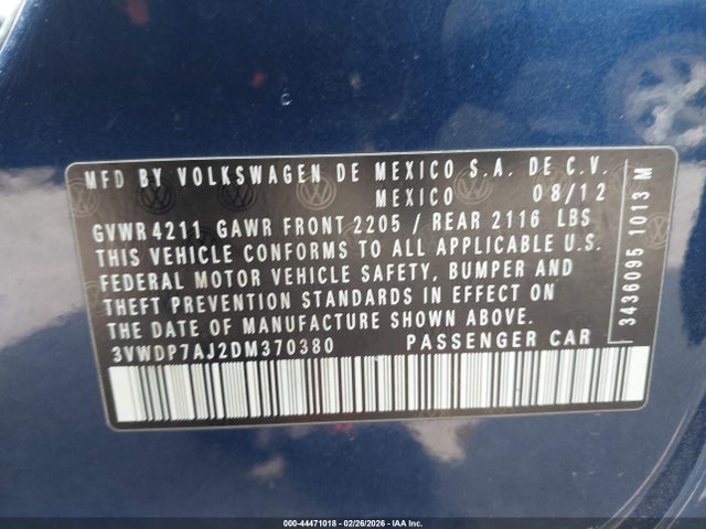Продаж на аукціоні авто 2013 Volkswagen Jetta 2.5l Se, vin: 3VWDP7AJ2DM370380, номер лоту: 44471018