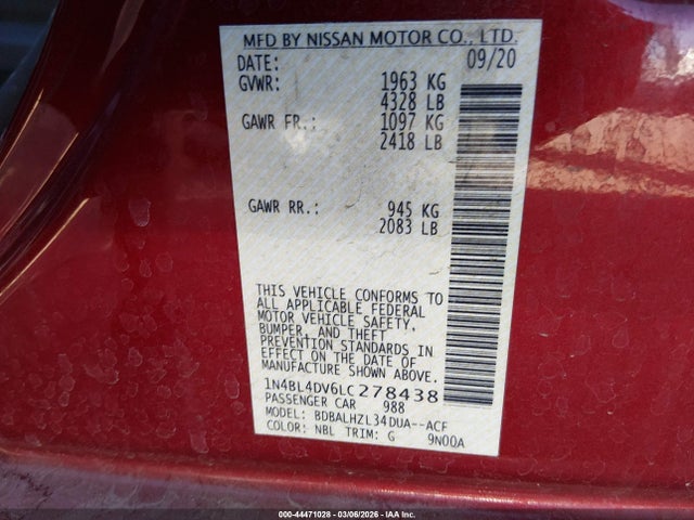 1N4BL4DV6LC278438 Nissan Altima Sv Fwd