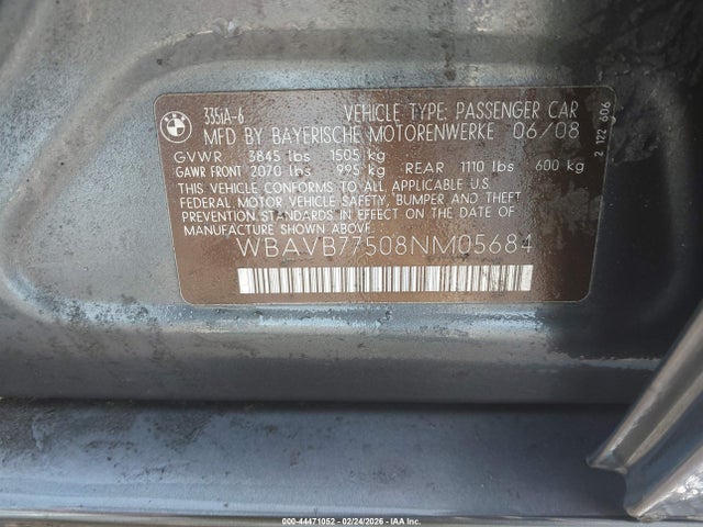 2008 Bmw 335i მანქანა იყიდება აუქციონზე, vin: WBAVB77508NM05684, აუქციონის ნომერი: 44471052