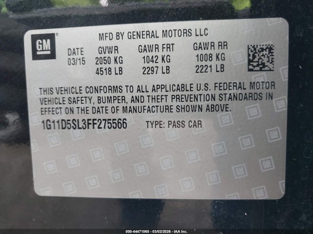 44471065 :رقم المزاد ، 1G11D5SL3FF275566 vin ، 2015 Chevrolet Malibu 2lt مزاد بيع