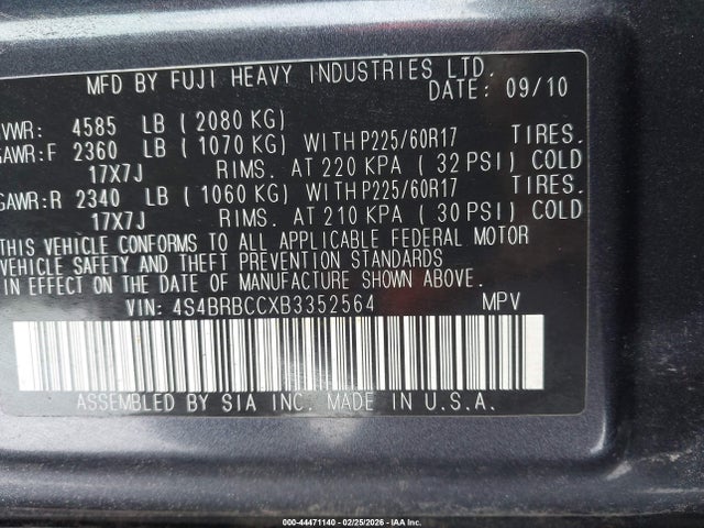 Aukcja sprzedaży 2011 Subaru Outback 2.5i Premium, vin: 4S4BRBCCXB3352564, numer aukcji: 44471140