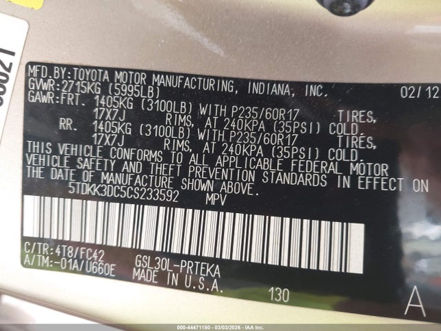 Продажа на аукционе авто 2012 Toyota Sienna Le V6 8 Passenger, vin: 5TDKK3DC5CS233592, номер лота: 44471150