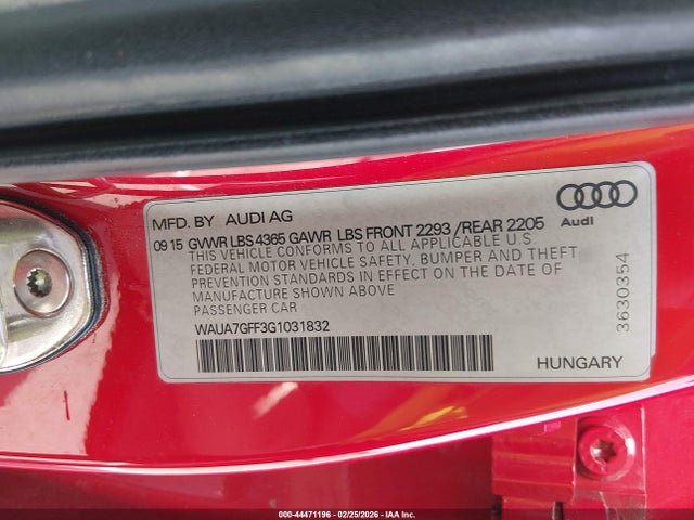 Aukcja sprzedaży 2016 Audi A3 1.8t Premium, vin: WAUA7GFF3G1031832, numer aukcji: 44471196