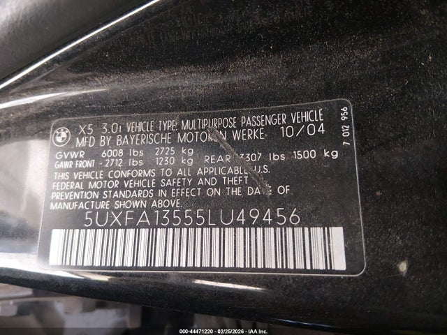 44471220 :رقم المزاد ، 5UXFA13555LU49456 vin ، 2005 Bmw X5 3.0i مزاد بيع