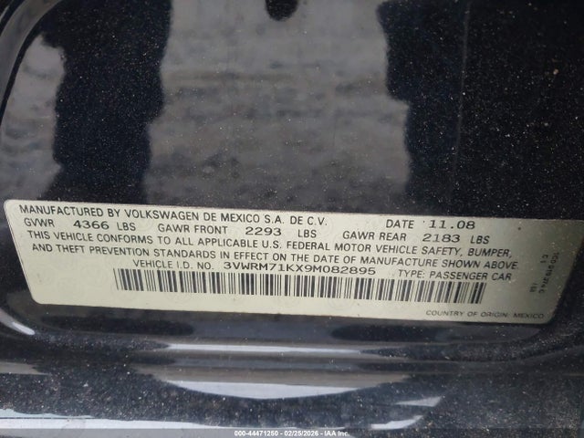 2009 Volkswagen Jetta Se მანქანა იყიდება აუქციონზე, vin: 3VWRM71KX9M082895, აუქციონის ნომერი: 44471250