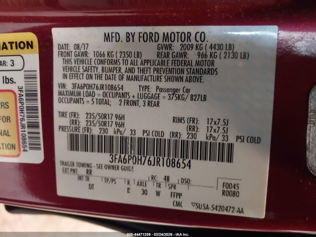 44471259 :رقم المزاد ، 3FA6P0H76JR108654 vin ، 2018 Ford Fusion Se مزاد بيع