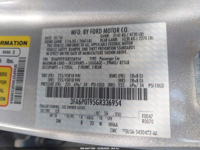 Продаж на аукціоні авто 2016 Ford Fusion Se, vin: 3FA6P0T95GR336954, номер лоту: 44471260