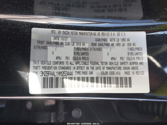 44471262 :رقم المزاد ، 3MZBPAAL1MM253444 vin ، 2021 Mazda Mazda3 2.5 S مزاد بيع