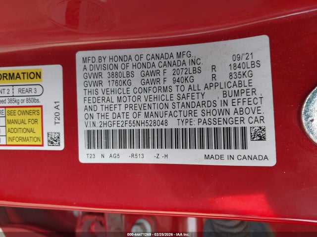 2022 HONDA CIVIC 2HGFE2F55NH528048 Photo 8