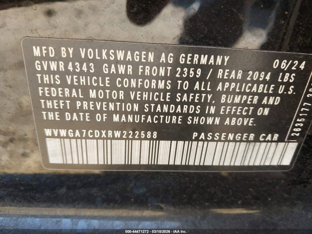 44471272 :رقم المزاد ، WVWGA7CDXRW222588 vin ، 2024 Volkswagen Golf Gti 2.0t S مزاد بيع