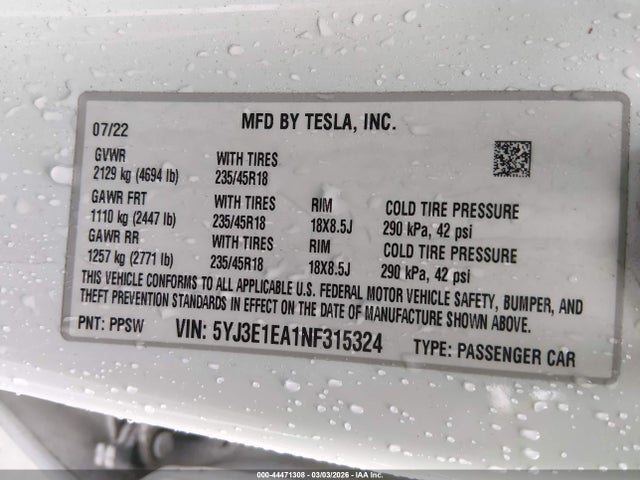 Aukcja sprzedaży 2022 Tesla Model 3 Rear-wheel Drive, vin: 5YJ3E1EA1NF315324, numer aukcji: 44471308
