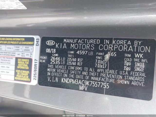 2019 Kia Sportage Lx მანქანა იყიდება აუქციონზე, vin: KNDPM3AC9K7557755, აუქციონის ნომერი: 44471326
