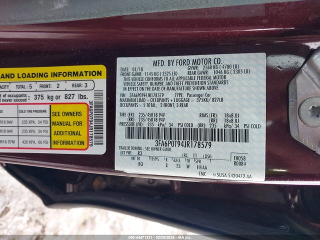 Ford FUSION SE 2018 3FA6P0T94JR178579 Image 9