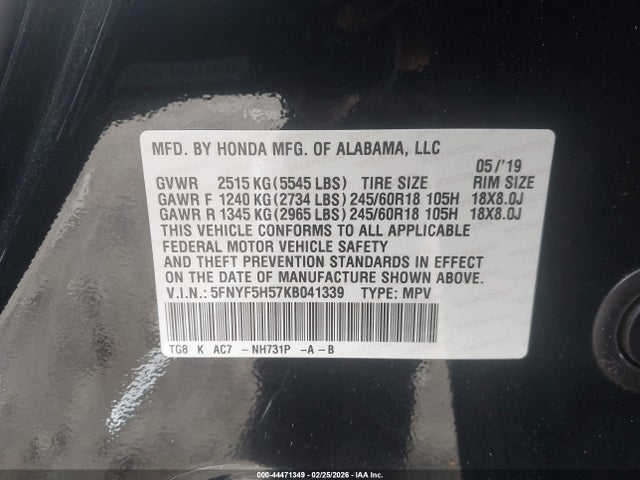 2019 Honda Pilot Ex-l მანქანა იყიდება აუქციონზე, vin: 5FNYF5H57KB041339, აუქციონის ნომერი: 44471349