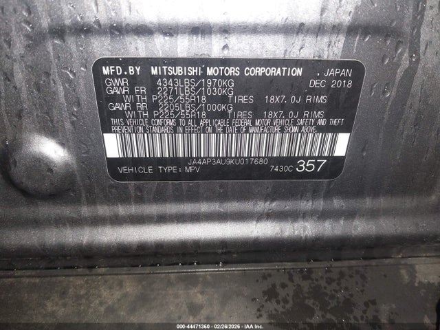 Aukcja sprzedaży 2019 Mitsubishi Outlander Sport 2.0 Es, vin: JA4AP3AU9KU017680, numer aukcji: 44471360