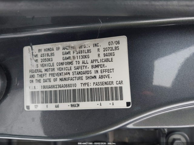 44471365 :رقم المزاد ، 19UUA66236A066010 vin ، 2006 Acura Tl مزاد بيع