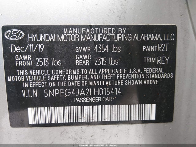 Aukcja sprzedaży 2020 Hyundai Sonata Se, vin: 5NPEG4JA2LH015414, numer aukcji: 44471415