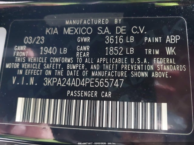 Aukcja sprzedaży 2023 Kia Rio Lx, vin: 3KPA24AD4PE565747, numer aukcji: 44471417