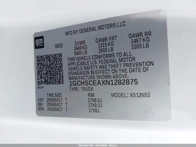 Aukcja sprzedaży 2022 Chevrolet Colorado, vin: 1GCHSCEAXN1282875, numer aukcji: 44471425