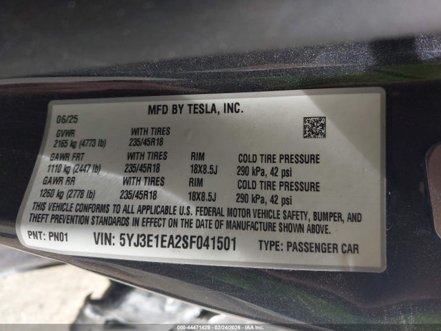 Aukcja sprzedaży 2025 Tesla Model 3 Long Range Rear-wheel Drive/standard Rear-wheel Drive, vin: 5YJ3E1EA2SF041501, numer aukcji: 44471429