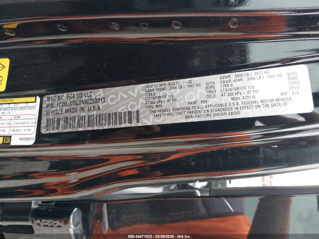 44471522 :رقم المزاد ، 1C4HJXDG6NW253313 vin ، 2022 Jeep Wrangler Unlimited High Tide 4x4 مزاد بيع