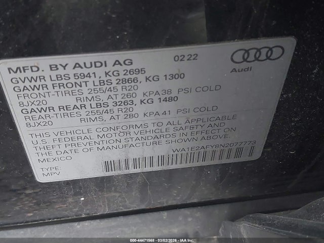 Auction sale of the 2022 Audi Q5 Premium Plus 55 Tfsi E S Line Quattro S Tronic, vin: WA1E2AFY8N2077773, lot number: 44471568