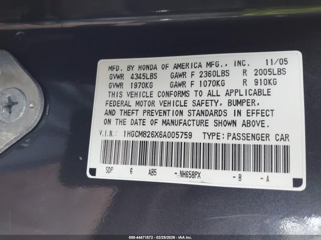 Aukcja sprzedaży 2006 Honda Accord 3.0 Ex, vin: 1HGCM826X6A005759, numer aukcji: 44471572