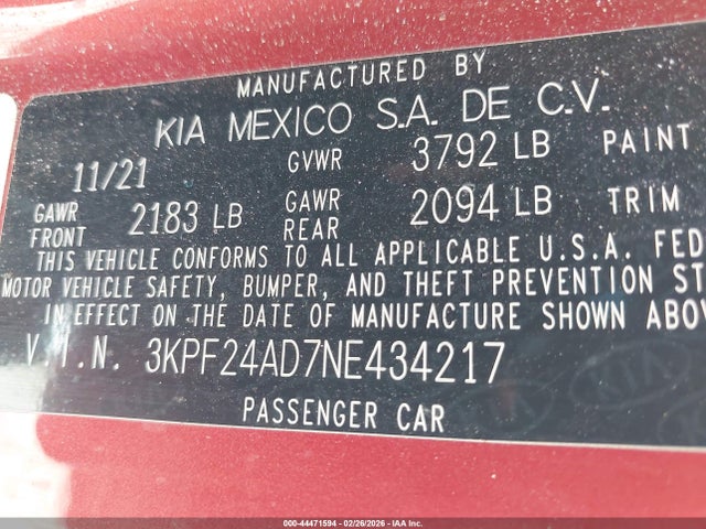 44471594 :رقم المزاد ، 3KPF24AD7NE434217 vin ، 2022 Kia Forte Lxs مزاد بيع