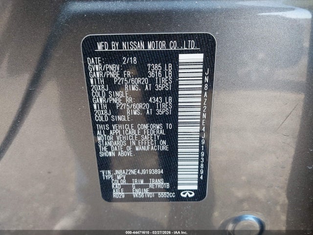 Aukcja sprzedaży 2018 Infiniti Qx80, vin: JN8AZ2NE4J9193894, numer aukcji: 44471610