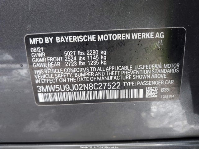 44471613 :رقم المزاد ، 3MW5U9J02N8C27522 vin ، 2022 Bmw M340i M340i Xdrive مزاد بيع