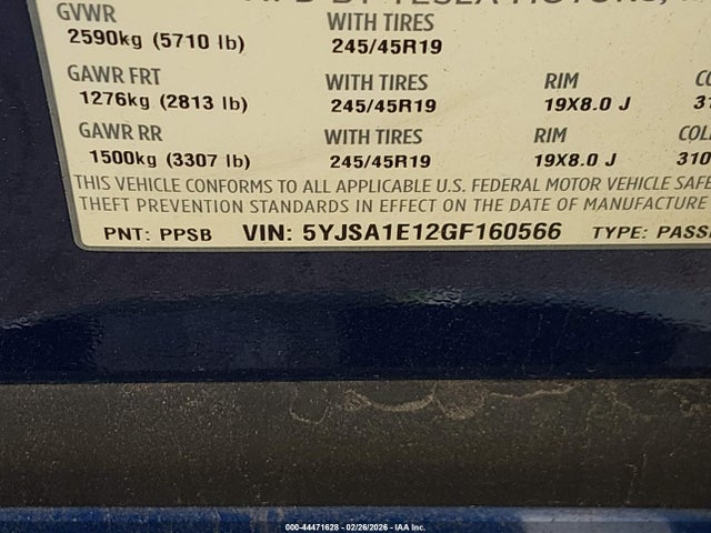 Продаж на аукціоні авто 2016 Tesla Model S 60/70/75/85, vin: 5YJSA1E12GF160566, номер лоту: 44471628