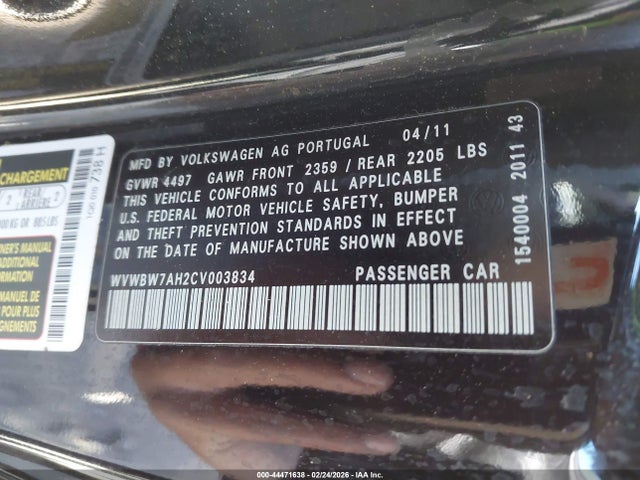 Aukcja sprzedaży 2012 Volkswagen Eos Komfort, vin: WVWBW7AH2CV003834, numer aukcji: 44471638