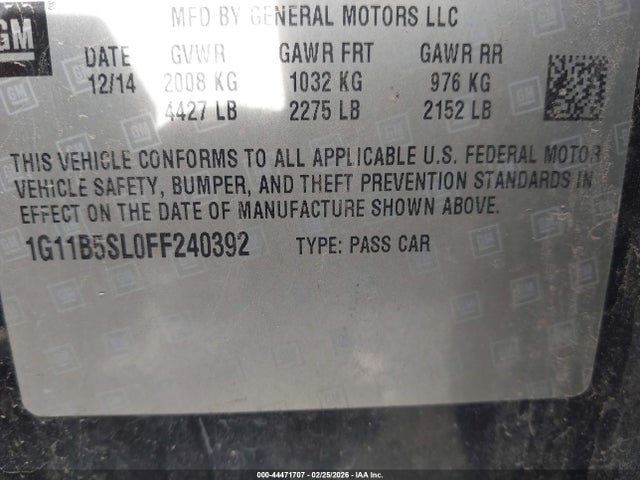 Aukcja sprzedaży 2015 Chevrolet Malibu Ls, vin: 1G11B5SL0FF240392, numer aukcji: 44471707