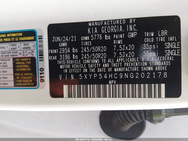 2022 Kia Telluride Sx მანქანა იყიდება აუქციონზე, vin: 5XYP54HC9NG202178, აუქციონის ნომერი: 44471712