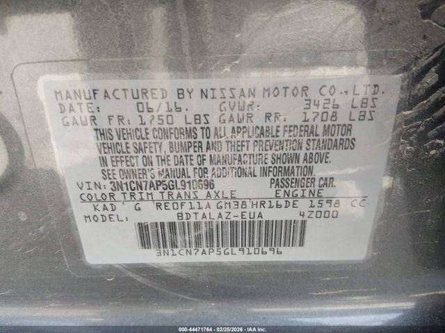Nissan Versa 1.6 S+ 2016 3N1CN7AP5GL910696 Image 9
