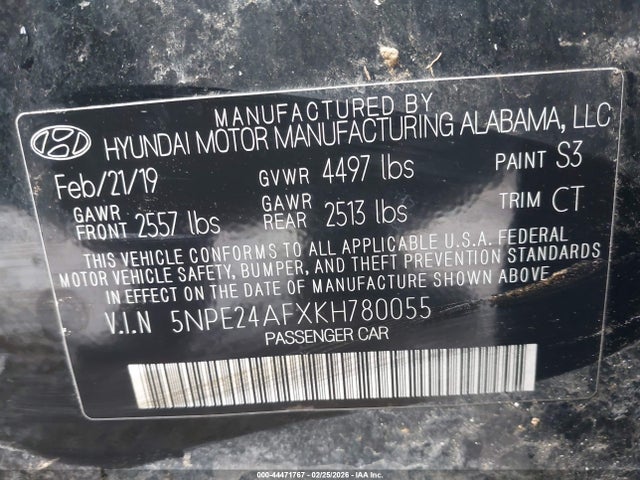 2019 Hyundai Sonata Se მანქანა იყიდება აუქციონზე, vin: 5NPE24AFXKH780055, აუქციონის ნომერი: 44471767