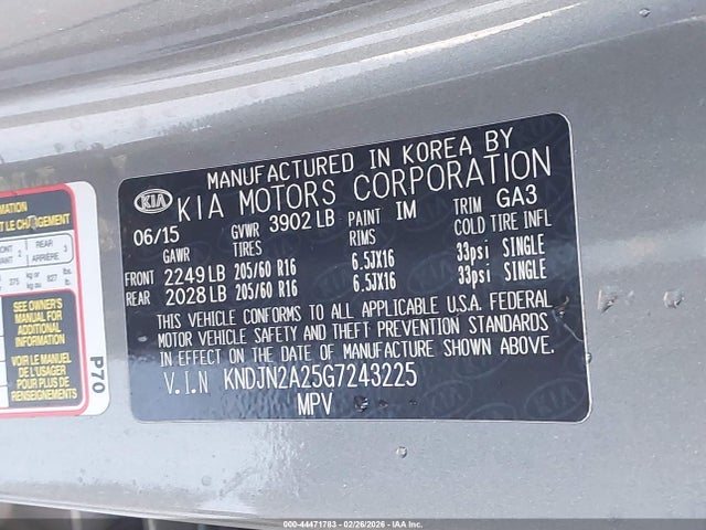 44471783 :رقم المزاد ، KNDJN2A25G7243225 vin ، 2016 Kia Soul مزاد بيع