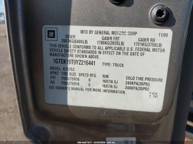 Aukcja sprzedaży 2000 Gmc Sierra 1500 Sle, vin: 1GTEK19T9YZ216441, numer aukcji: 44471817