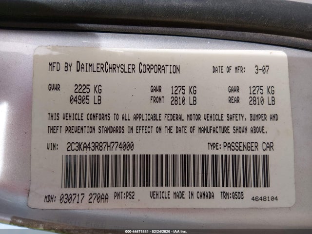 Aukcja sprzedaży 2007 Chrysler 300, vin: 2C3KA43R87H774000, numer aukcji: 44471881