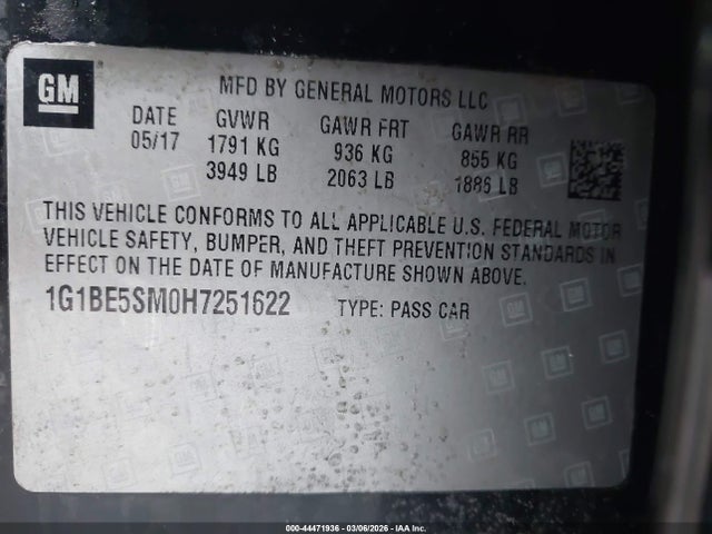 1G1BE5SM0H7251622 Chevrolet Cruze Lt Auto