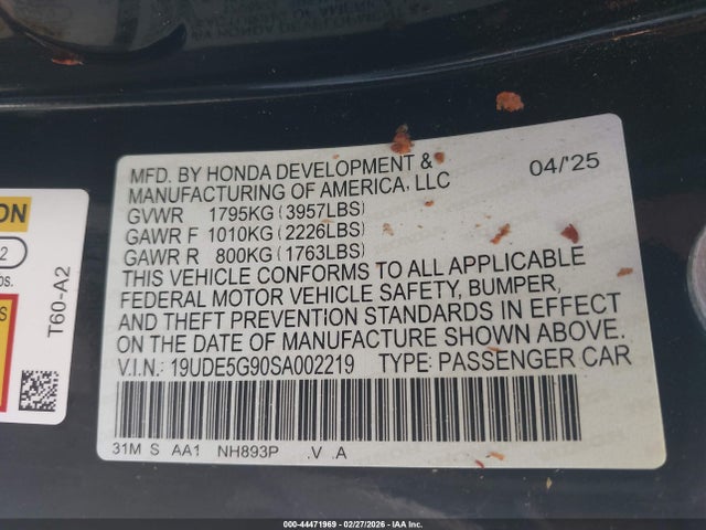 44471969 :رقم المزاد ، 19UDE5G90SA002219 vin ، 2025 Acura Integra Type S مزاد بيع