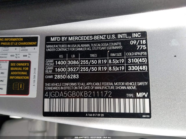 44471972 :رقم المزاد ، 4JGDA5GB0KB211172 vin ، 2019 Mercedes-benz Gle 400 4matic مزاد بيع