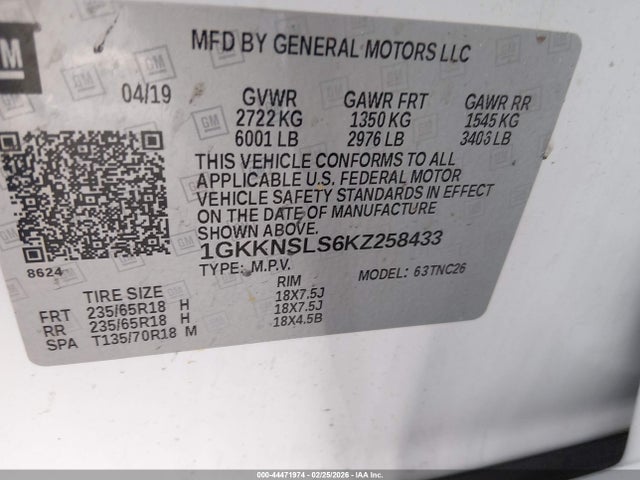 Aukcja sprzedaży 2019 Gmc Acadia Sle-2, vin: 1GKKNSLS6KZ258433, numer aukcji: 44471974