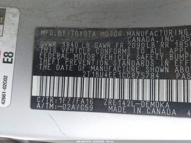 44471978 :رقم المزاد ، 2T1BU4EE1CC875784 vin ، 2012 Toyota Corolla L مزاد بيع