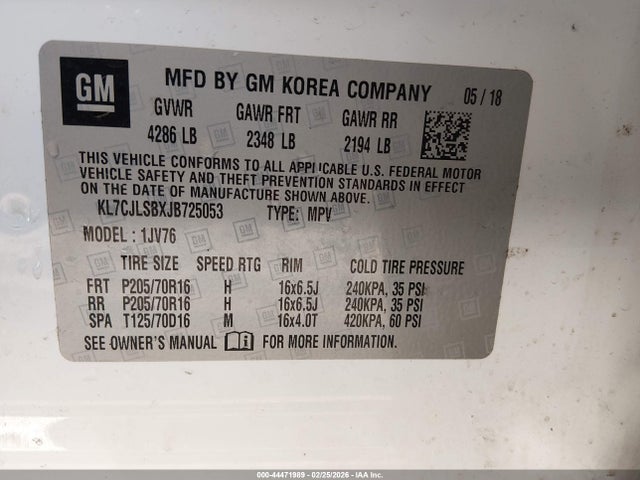 Продаж на аукціоні авто 2018 Chevrolet Trax Lt, vin: KL7CJLSBXJB725053, номер лоту: 44471989