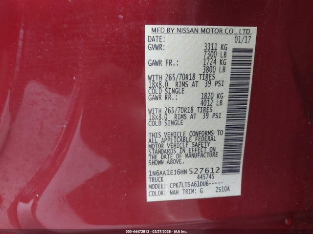44472013 :رقم المزاد ، 1N6AA1EJ6HN527612 vin ، 2017 Nissan Titan Sv مزاد بيع