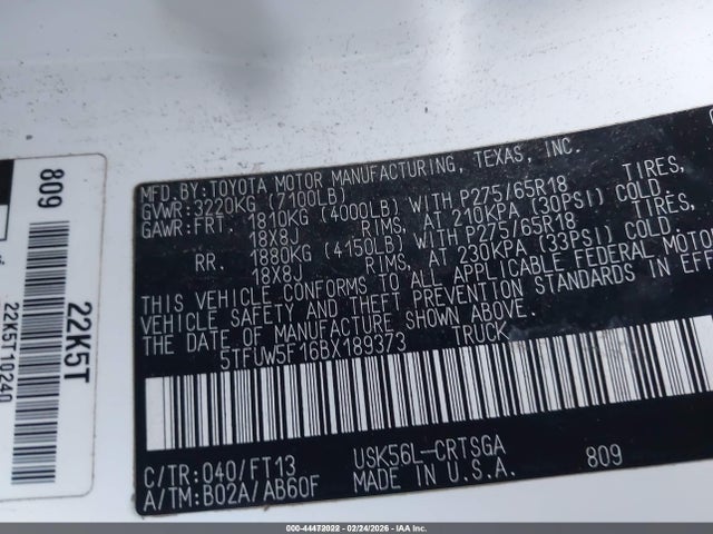 2011 Toyota Tundra Grade 5.7l V8 მანქანა იყიდება აუქციონზე, vin: 5TFUW5F16BX189373, აუქციონის ნომერი: 44472022