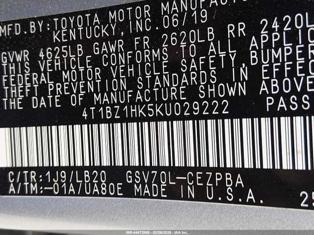 4T1BZ1HK5KU029222 Toyota Camry Xse V6