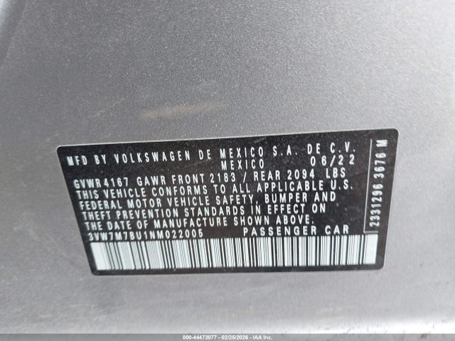 44472077 :رقم المزاد ، 3VW7M7BU1NM022005 vin ، 2022 Volkswagen Jetta 1.5t Se مزاد بيع